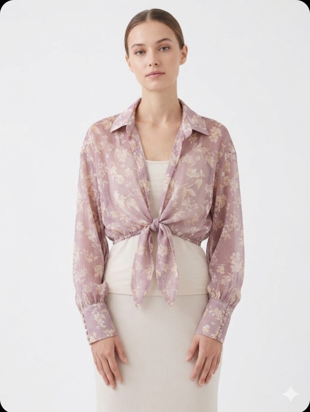 Vici Dusty Rose Floral Tie-Front Sheer Blouse Size S